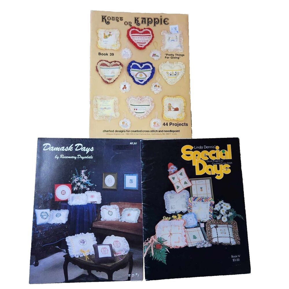 Lot of 3 Mini Pillow Cross Stitch Pattern Booklets Damask Hearts Vintage